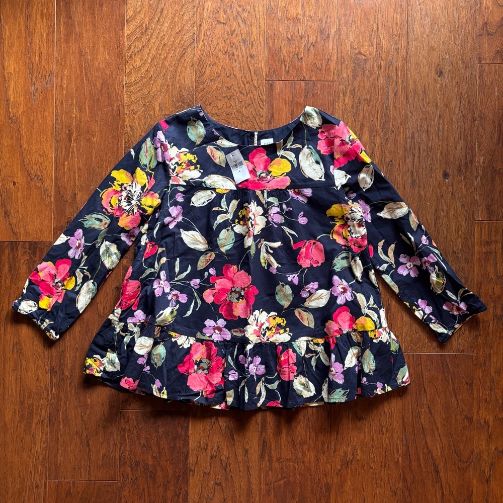 GAP Kids Floral Ruffle Hem Top Navy Long Sleeve | Size XL 14/16